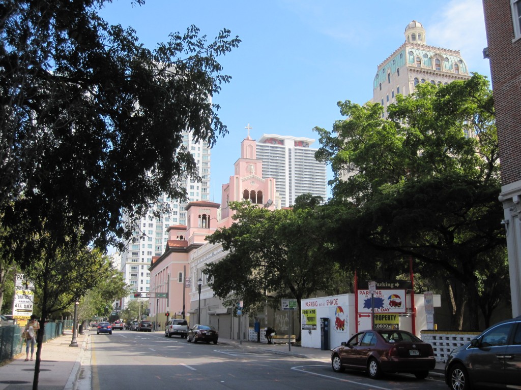 Gesu Church and the Security Building in downtown Miami