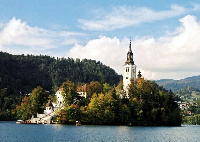 a view of the church on Lake Bled