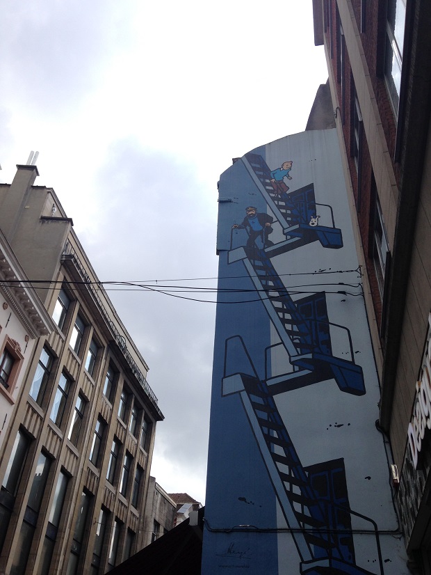 comic mural in brussels with fire escape