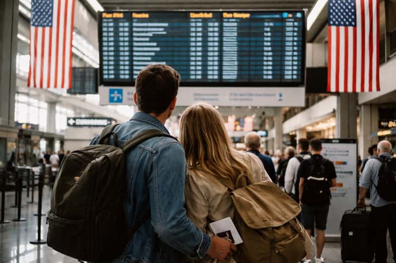 Traveler checking phone at European train station with departure board visible overhead